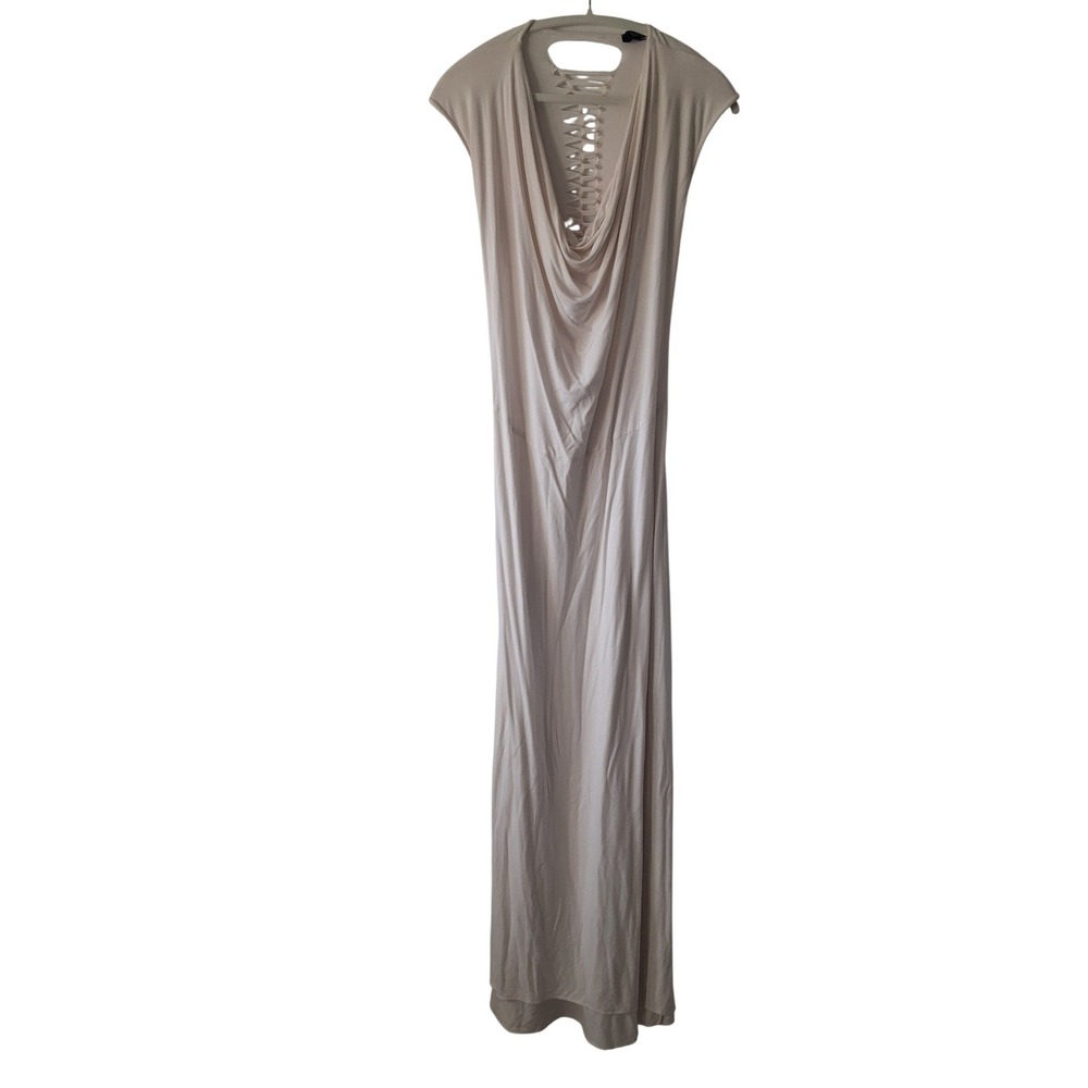 Sky Women Medium Maxi Dress Cream Cowl Neck Braided Back Cutout Resort Beach
